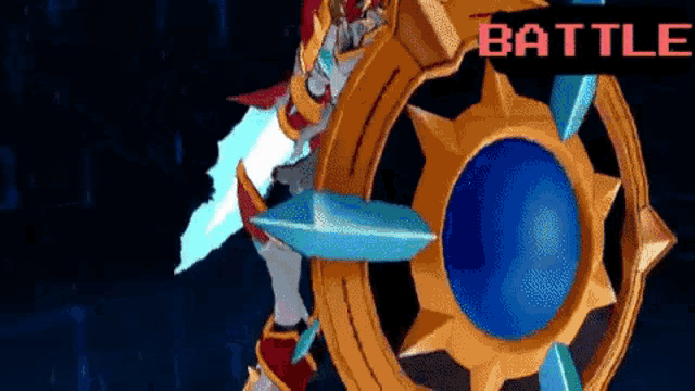 a video game character is holding a sword and a shield with the word battle in the upper right corner .