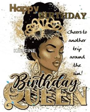 a happy birthday queen greeting card with a woman wearing a crown and earrings .