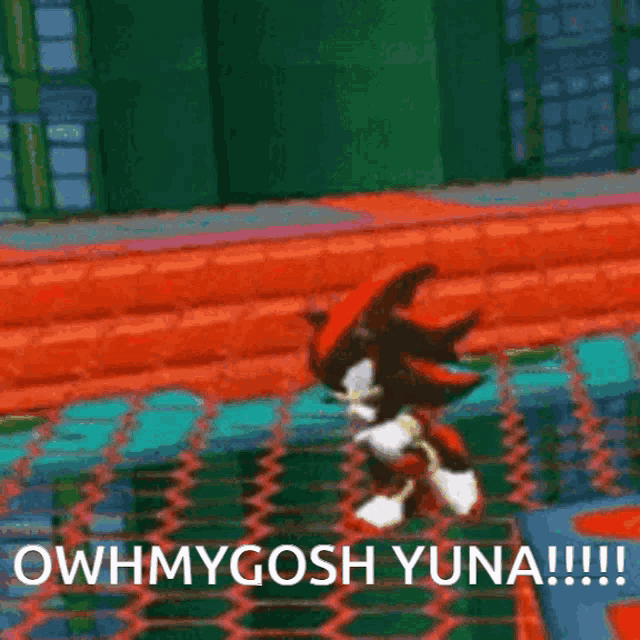shadow the hedgehog is dancing in a video game with the words `` owhmygosh yuna !!! '' .