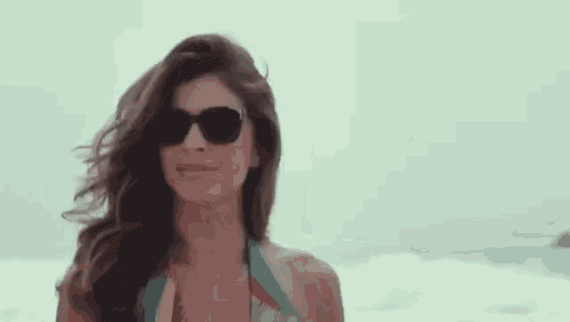 a woman wearing sunglasses and a bikini is standing on the beach .