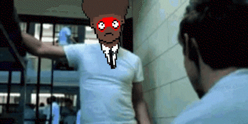 a pixel art of a man in a white shirt with a red eye