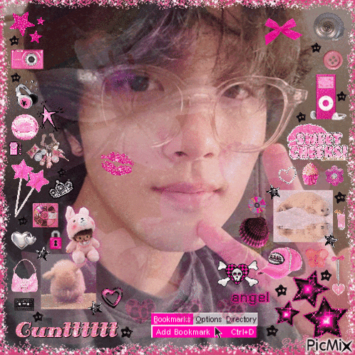 a picture of a boy with glasses is surrounded by pink stickers and says cumiiii