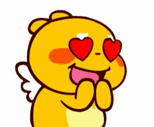 a cartoon character with heart shaped eyes is smiling and holding his hands together .