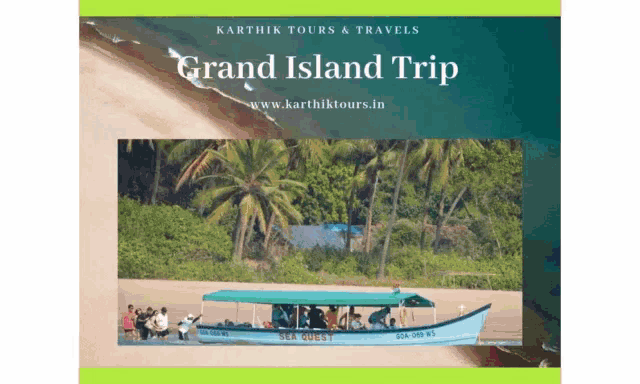 a poster for karthik tours and travels shows a boat on the beach