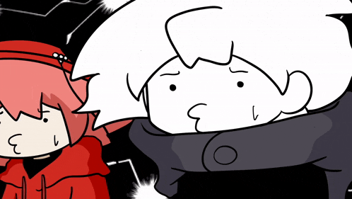 a cartoon of a girl in a red hoodie and a cartoon of a man in a black jacket