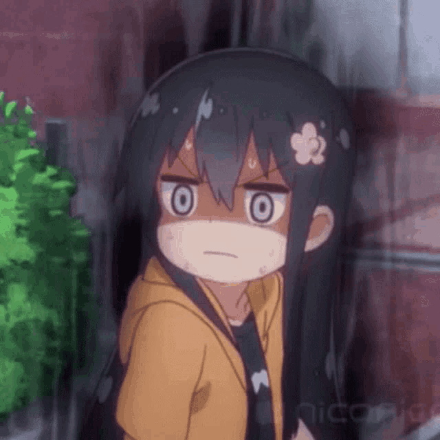 a cartoon girl with long black hair and a flower on her head is wearing a yellow jacket and tie .