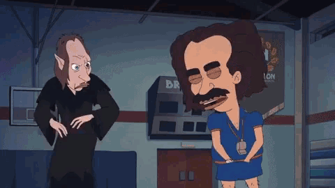 two cartoon characters standing in front of a scoreboard that says " br "