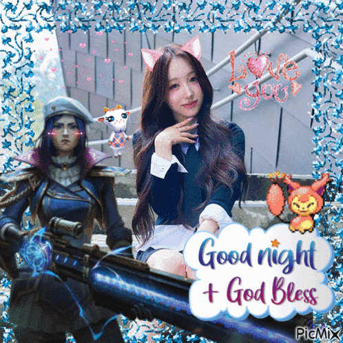 a picture of a girl with cat ears and the words good night god bless