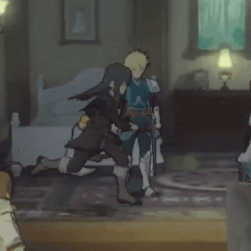 a man and a woman are holding hands in a room in a video game