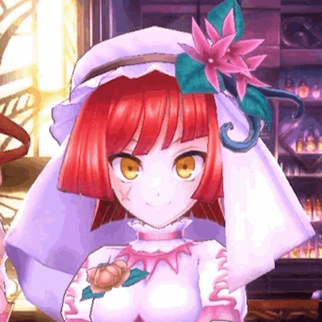 a girl with red hair wearing a white hat with a pink flower on it