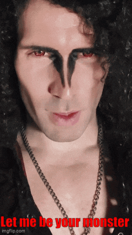 a close up of a man 's face with the words let me be your monster below him