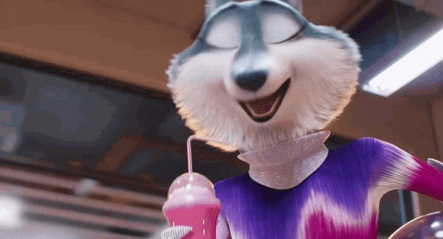 a cartoon husky is drinking through a straw