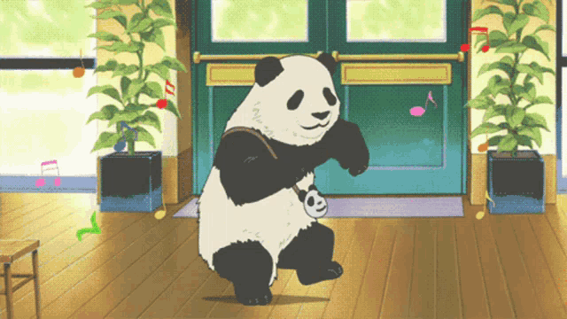 a panda bear is dancing in a room with plants and music notes