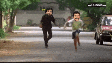 a man and a boy are running down a street with a sign that says dncenca on it