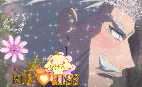 a man with a crown on his head is surrounded by flowers and big kiss