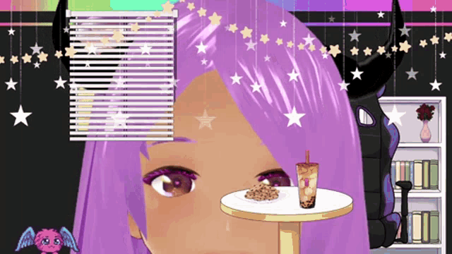 a girl with purple hair is sitting at a table with a drink and cookies