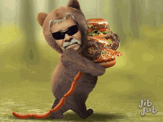 a picture of a bear holding a hamburger and donuts with jib jab in the corner