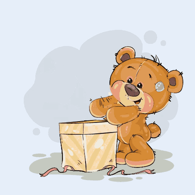 a teddy bear is opening a gift box with balloons in the shape of hearts behind him