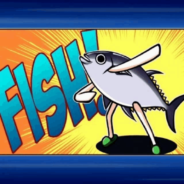 a cartoon of a fish with a sword in its mouth and the word fish in the background .