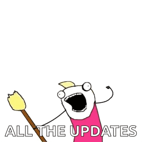 a cartoon character is holding a broom with the words all the updates behind him