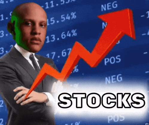 a man in a suit and tie is standing in front of a stocks graph