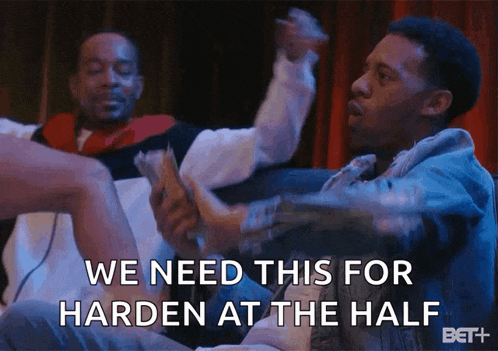 a man is holding a bunch of money and says we need this for harden at the half .