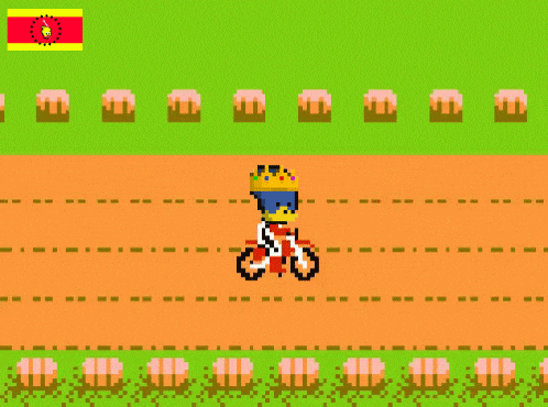 a pixel art of a person riding a bike with a flag in the background