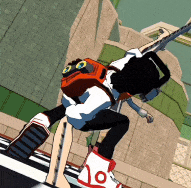 a cartoon character with the number 10 on the bottom of his shoes