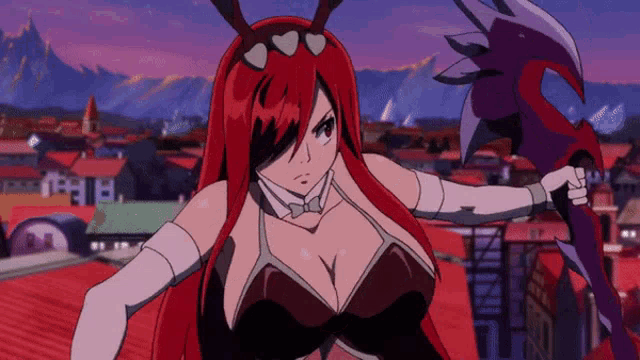 a woman with red hair is holding a sword with hearts on her head