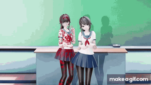 two anime girls are standing next to each other in front of a green board with make a gif.com at the bottom
