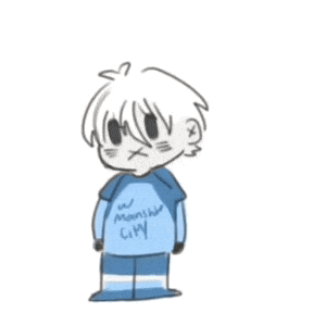 a drawing of a boy wearing a blue shirt with the word nagi on it .