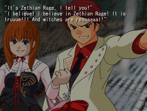 a man and a girl are standing next to each other and the girl says " it 's zethian rage "