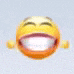 a close up of a laughing smiley face with its mouth open and eyes closed .