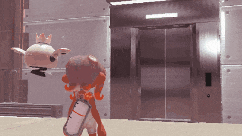 a cartoon character standing in front of an elevator