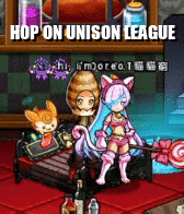 a cartoon character sitting on a bed with the words hop on unison league written above her