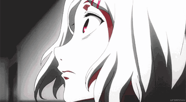 a black and white drawing of a girl with a red eye and the words urbanmu on the bottom right