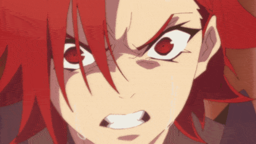 a close up of a anime character with red hair