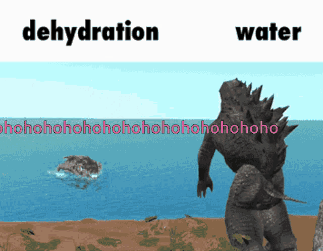a picture of a monster with the words dehydration and water behind it