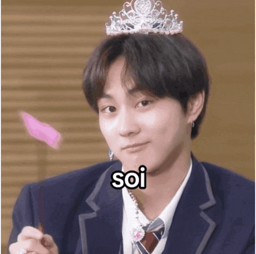 a young man wearing a suit and tie is wearing a tiara on his head and the word soi on his face .