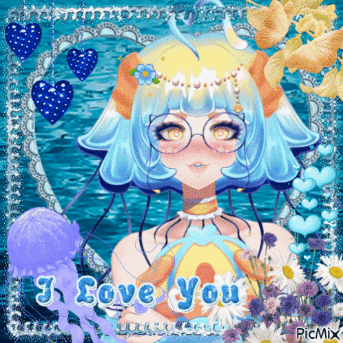 a picture of a girl with jellyfish and the words i love you on the bottom