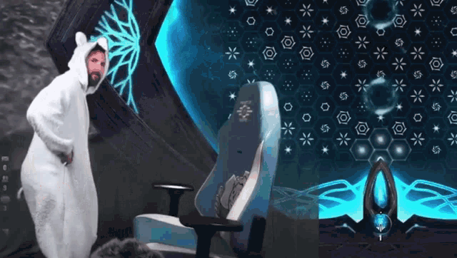 a man in a white bear costume stands next to a blue chair