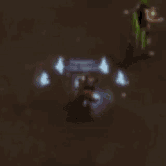 a blurred image of a person in a video game with a purple hat on .