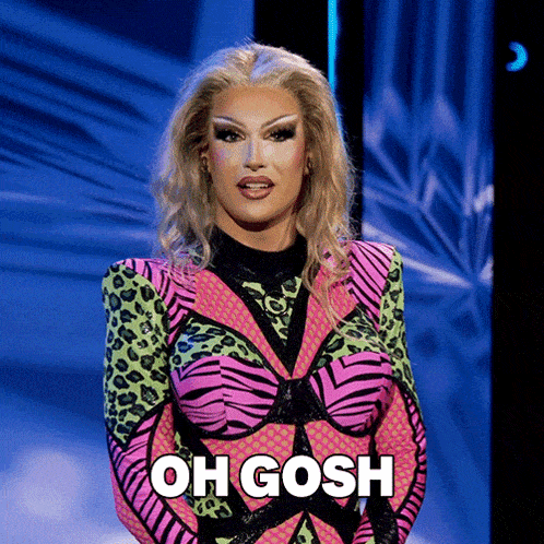 a woman in a pink and green outfit with the words oh gosh below her