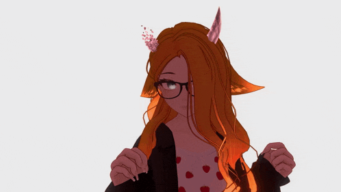 a girl with red hair and horns is wearing glasses and a black jacket