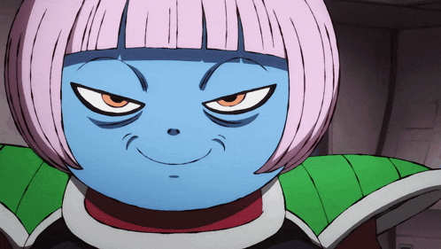 a close up of a cartoon character with a blue face and pink hair