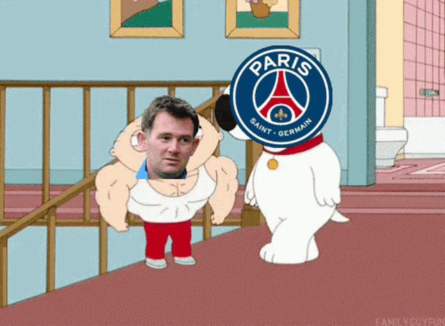 a cartoon of a man being lifted by a white dog with a paris saint germain logo on it