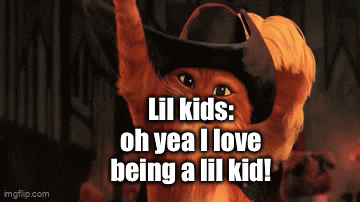 a cat in a cowboy hat says " lil kids oh yea i love being a lil kid ! "