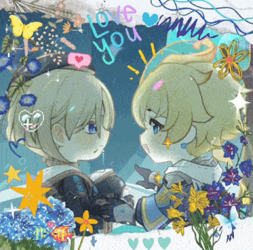 a couple of anime characters holding hands with the words " love you " written on the bottom
