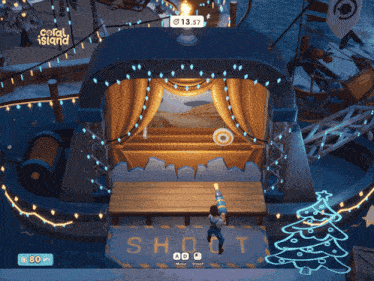 a video game called coral island shows a man standing in front of a stage