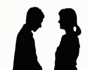 a silhouette of a man and a woman touching each other 's hands